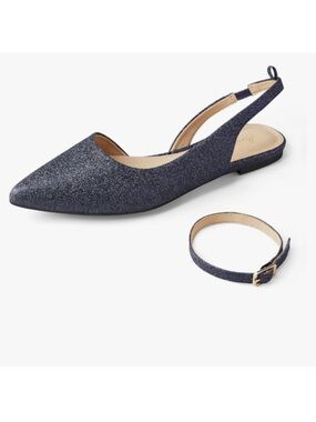Arromic ($70) Navy Glitter Slingback Flats Pointed Toe Shoes Size 6.5